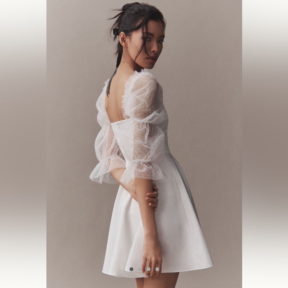 Amanda Uprichard ‘Lalita’ White Backless Dress with Sheer Puff Sleeves